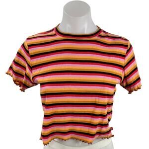 Dickies Women's Multicolor Striped Retro Short Sleeve Crop T Shirt Tee Top Sz L